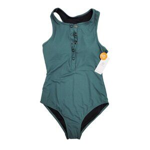 Charmo Womens UPF 50 One-Piece Swimsuit Button Front Design Racerback SZ S Green